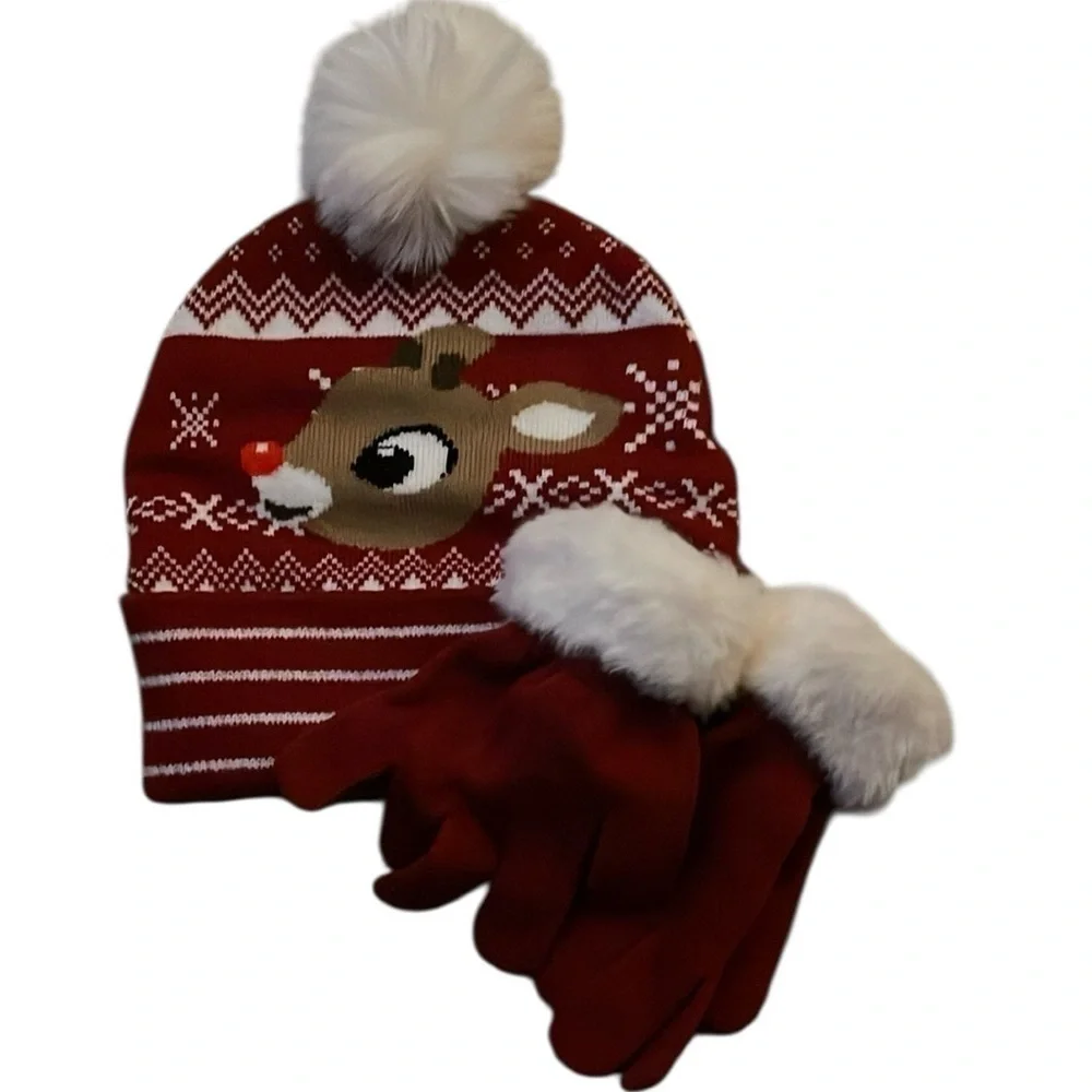 Festive Red Reindeer Hat and Gloves Set